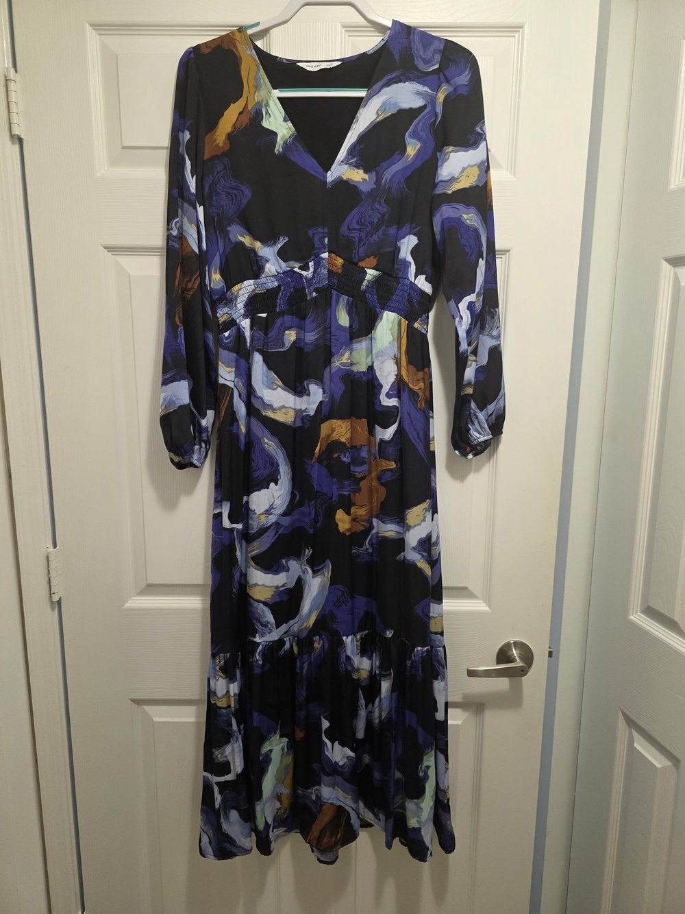 Nine West Long Sleeve Abstract Print Midi Dress in Black, Blue and Purple